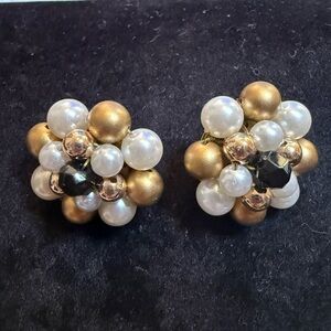 Vintage Japan Gold Pearl Black Cluster Clip-On Earrings 1”